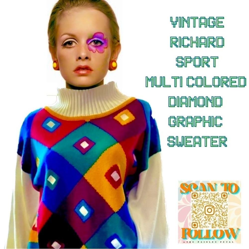VINTAGE RICHARD SPORT 1980s MULTI COLORED DIAMOND GRAPHIC SWEATER
